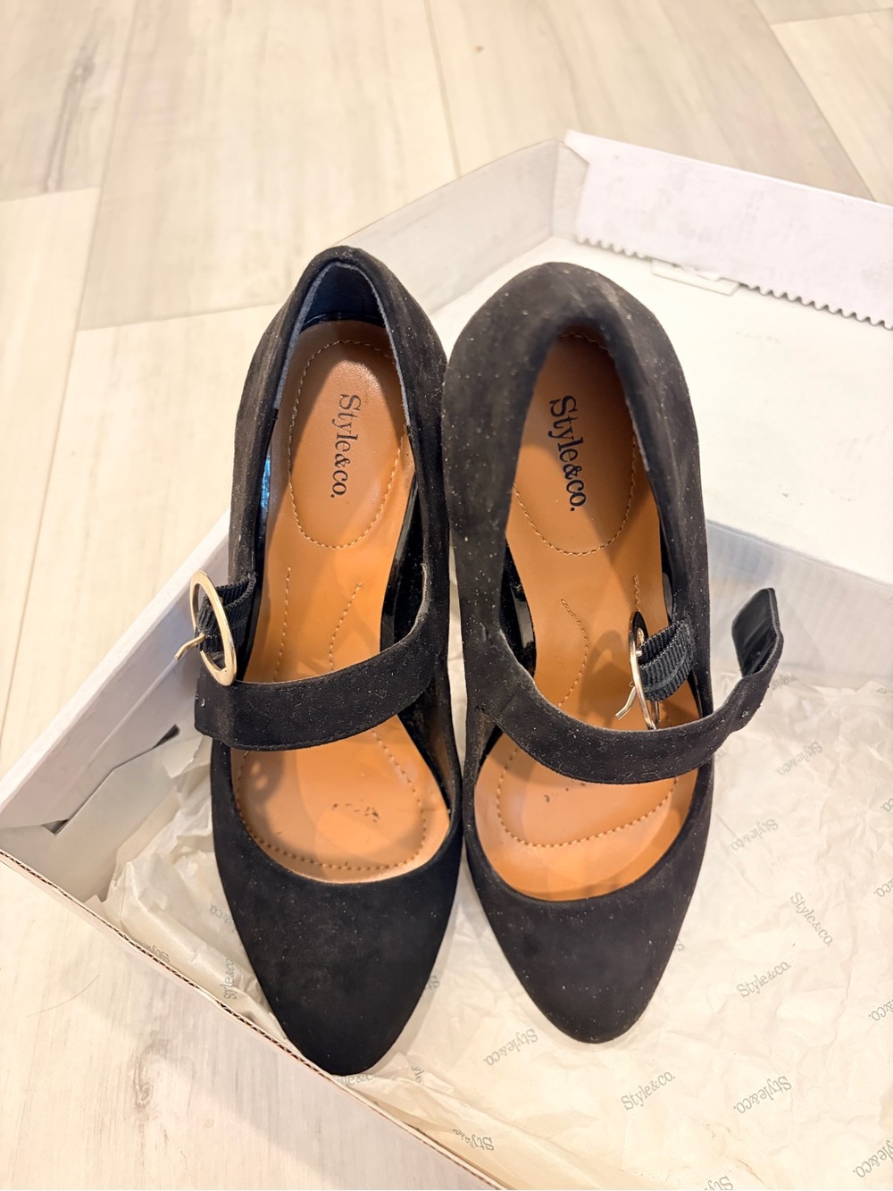 Style & Co. Black Suede Mary Jane Heels with Buckle Strap Size 6